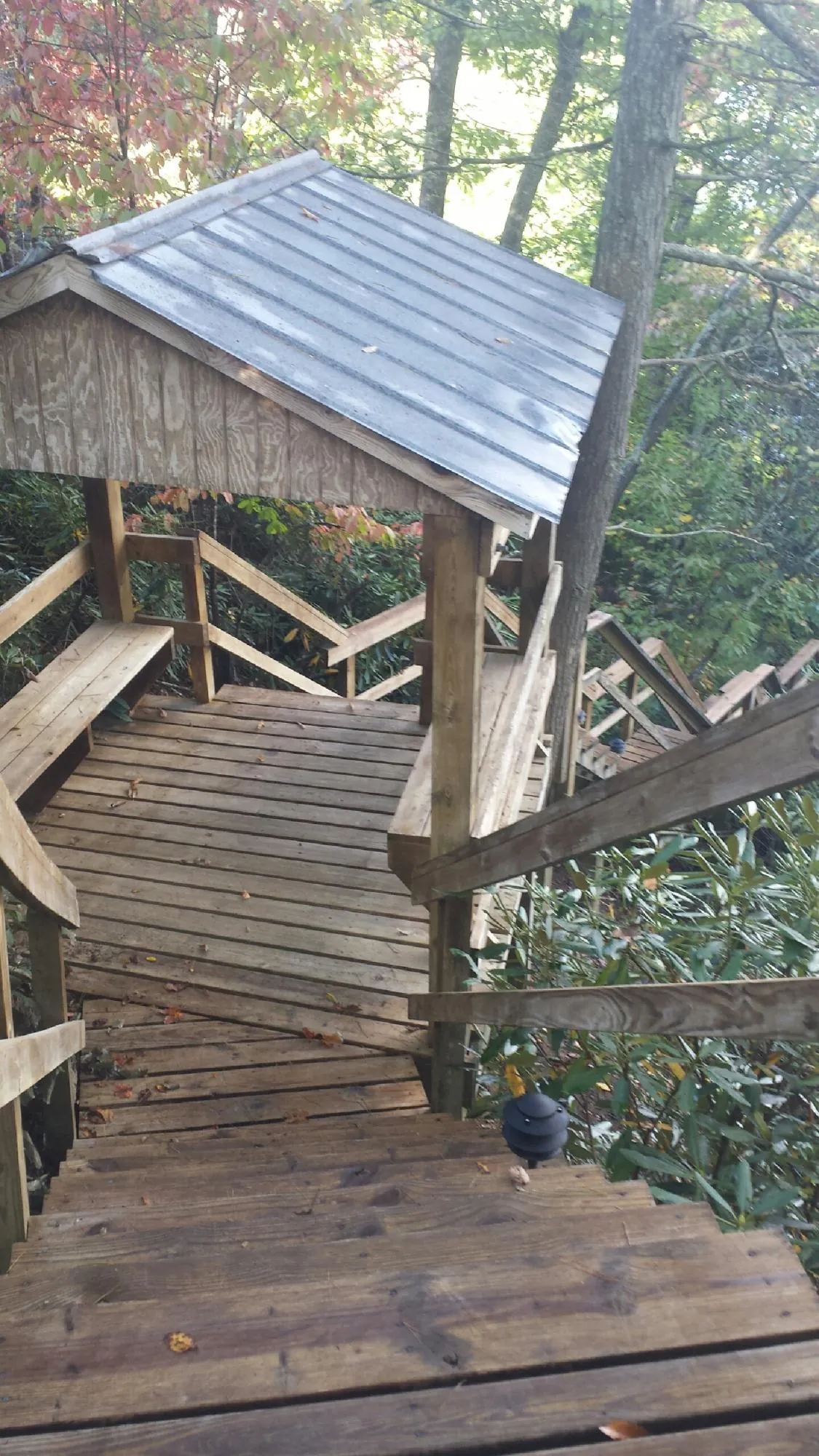 Metal roofed shelter over wooden steps on a wooded walkway — Skylight Repair & Installation work by our crew in Carrboro